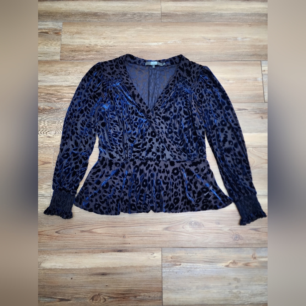Eva Franco Top Women's M Navy Blue Velvet Leopard Burnout